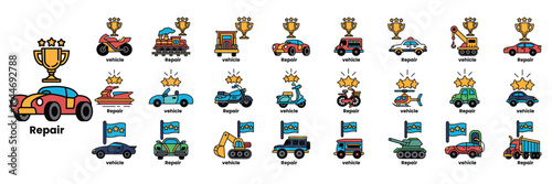 collection of car and truck icons with the word Repair written below them