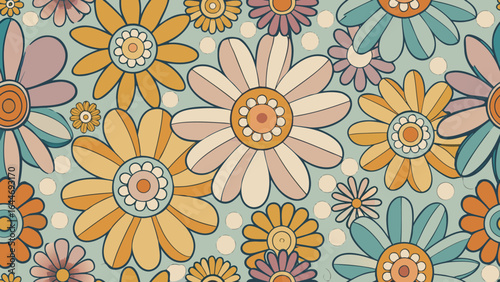 Retro daisy flowers pattern in muted pastel colors on a teal background floral