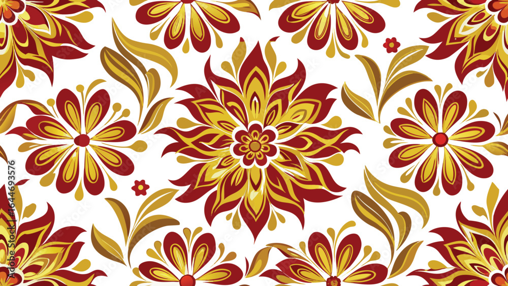 Fototapeta premium Seamless floral pattern with red and gold stylized flowers and leaves decorative ornamental