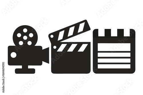 Black Silhouette of a Vintage Camera, Clapperboard, and Schedule on a White Background