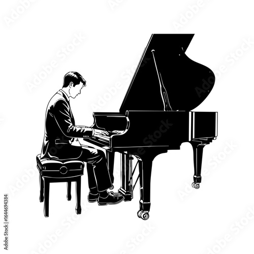 Black and White Line Art Illustration of person Playing Piano