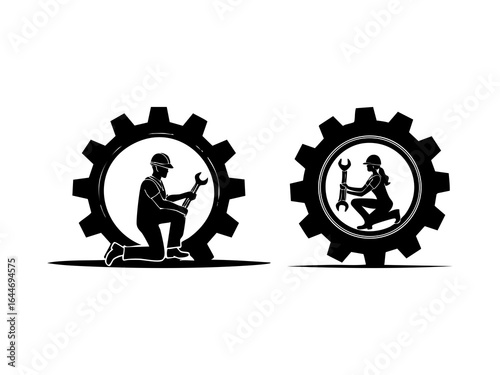 Vector silhouette mechanic kneeling beside a large gear repair and engineering