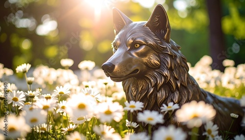 Sunlit wolf statue amidst a field of daisies capturing the essence of nature's artistry