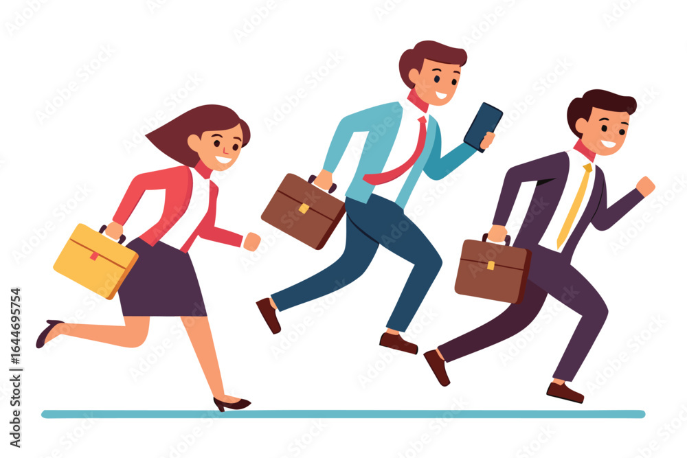 Obraz premium Cartoon Business Team Running with Briefcases and Phone to Reach Goal Together