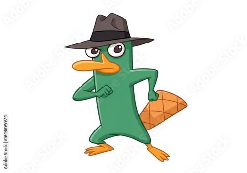 3d Cartoon platypus wearing a fedora hat and trench coat isolated on transparent background