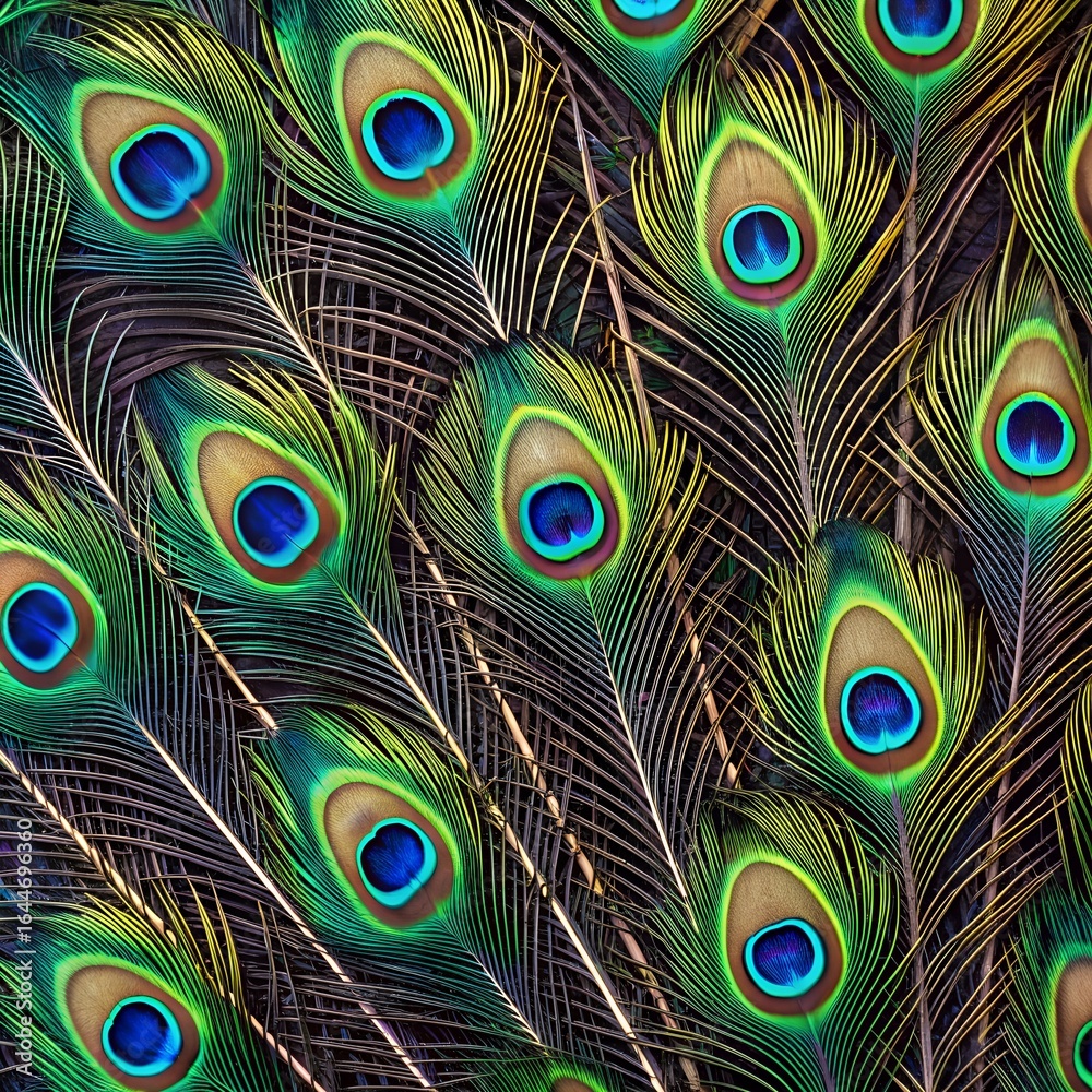 Obraz premium Peacock feather close-up background with colorful plumage peacock-feather-background