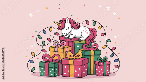 Happy Birthday Dreamer Sleeping Unicorn on Stack of Gifts with String Lights Illustration