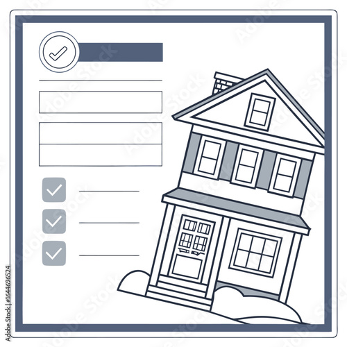 House inspection checklist with a tilted house and checkmarks indicating completed tasks for property assessment and evaluation