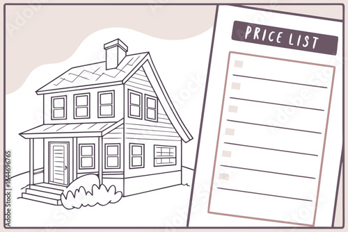 House price list illustration a simple line drawing of a two story house next to a document titled price list