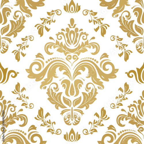 Golden damask floral pattern on white background seamless vector