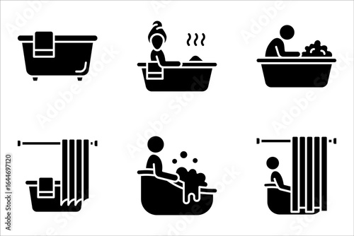 bathtub linear icon set. Thin line illustration on white background. Taking bath. Contour symbol.
