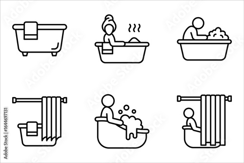 bathtub linear icon set. Thin line illustration on white background. Taking bath. Contour symbol.