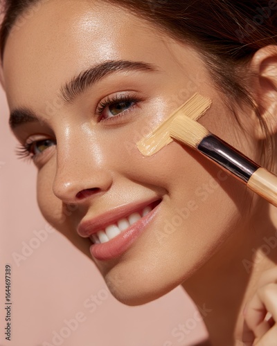 Closeup of a young woman using foundation smooth radiant skin natural beauty look soft lighting isolated on a pastel background premium cosmetic photography