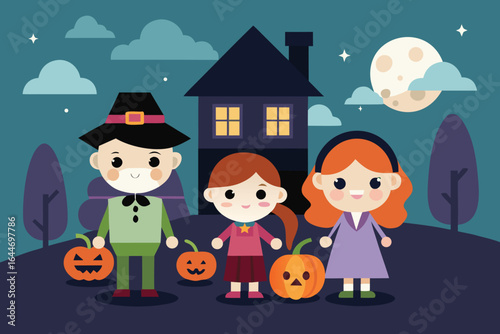 Cartoon Halloween Night Children Dressed Up Holding Jacko'Lanterns Against a Dark House