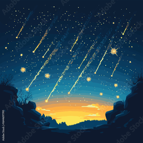 Meteor shower vector clipart isolated, group of falling star radiating from the sky, various shooting stars streams in an atmosphere, vector style simple color