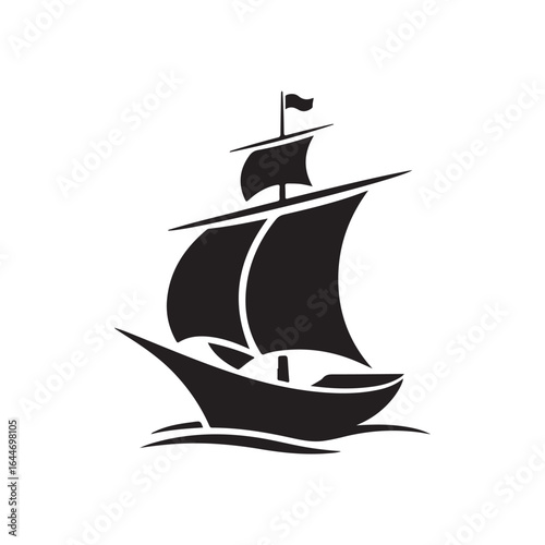 Black sailing ship silhouette on white background. Sailboat Silhouette Icon. Black Sailing Ship Icon with Flag, Waves & Full Sails, Perfect Nautical Marine Logo or Graphic Isolated on White Background
