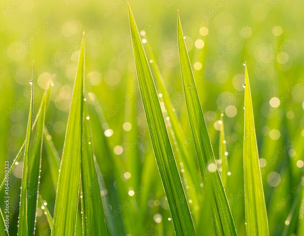 Fototapeta premium Vibrant green grass blades glistening with morning dew drops against a beautiful soft focus bokeh background.