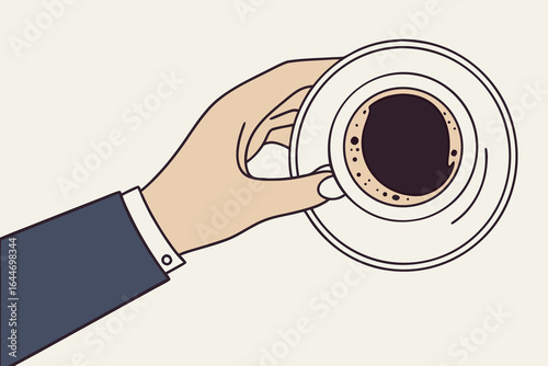 Cartoon Hand Holding Cup of Coffee in a White Saucer Top View