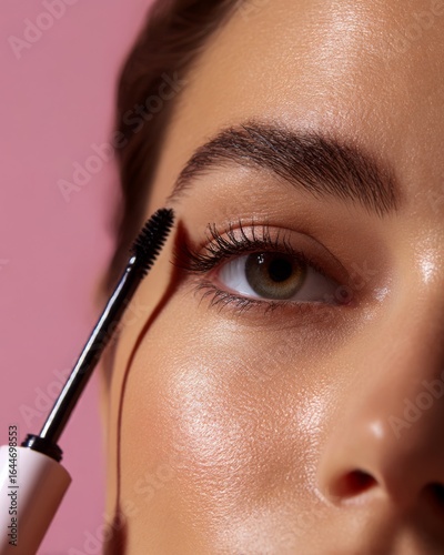 Closeup of a young woman using brow gel smooth radiant skin natural beauty look soft lighting isolated on a pastel background premium cosmetic photography