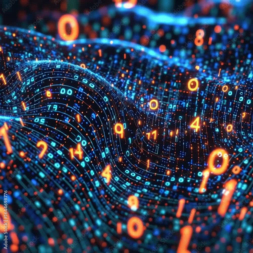Glowing digital data flows across a dark futuristic network landscape ...