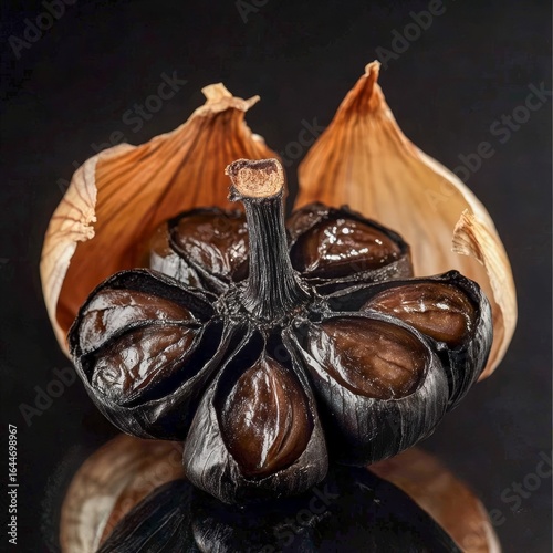 closeup of black garlic bulbs peeled open to reveal soft dark cloves macro gourmet ingredient clean background