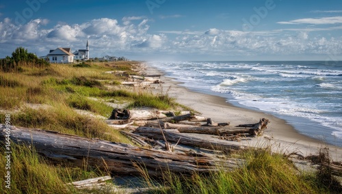 Coastal scene sunlit beach with weathered driftwood scattered along dune grasses, a house visible in the distance under a partly cloudy sky, waves gently rolling onto the shore