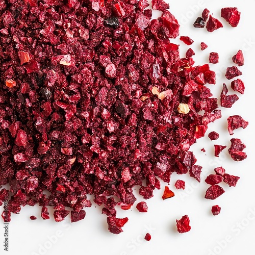 closeup of crushed sumac spice deep red color with granulated texture macro photography clean white background
