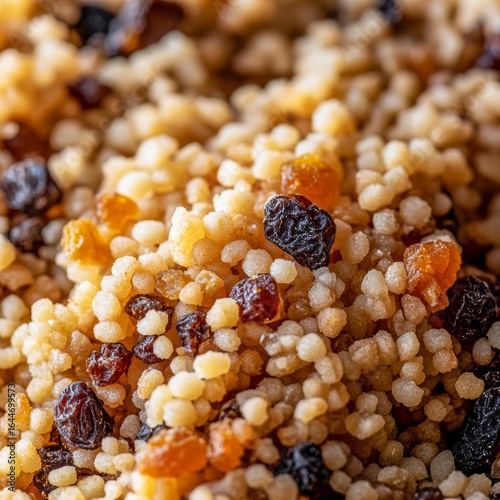 closeup of Palestinian maftoul couscous fermenting with dried fruits rich brown texture macro Mediterranean fermentation dish photography