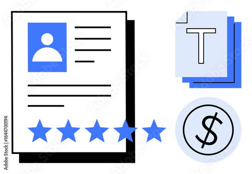 CV, five rating stars, text documents, and dollar circle highlight professional growth, evaluation, hiring process, salary expectation, achievement, recruitment ideal for a simple landing page