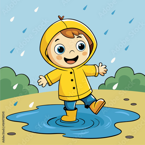 rainy season cartoon scene of a child splashing in puddles