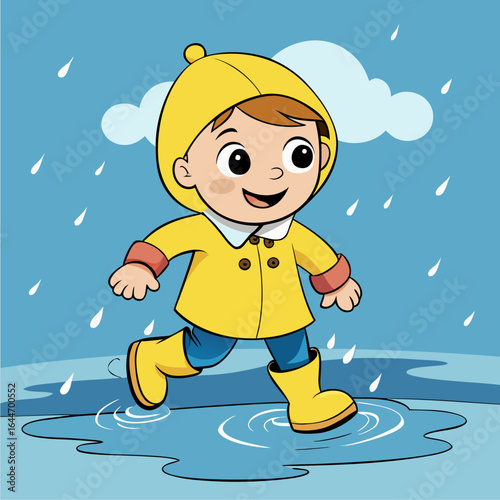 rainy season cartoon scene of a child splashing in puddles