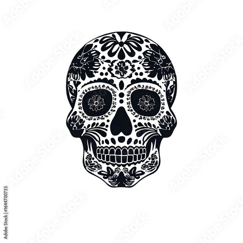 Decorative sugar skull with floral patterns in black and white on a black background isolated image on transparent background