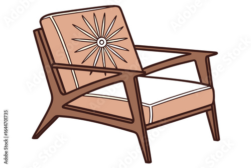 Cartoon of MidCentury Modern Lounge Chair with Floral Accent Pillow and Wooden Frame