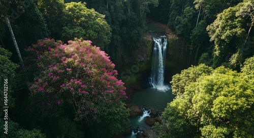 Aerial View of a Majestic Waterfall Flowing Through a Lush Green Forest, a Breathtaking Nature Scene with Dramatic Light