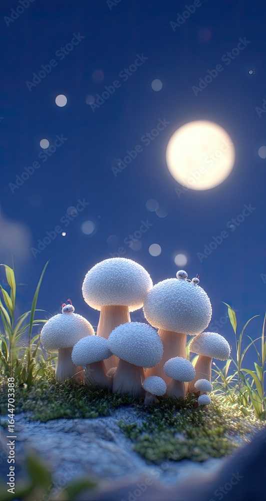 Naklejka premium Mushrooms under a moonlit sky