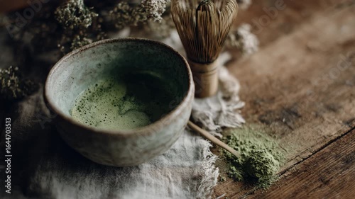 green tea leaves, matcha powder, spoon