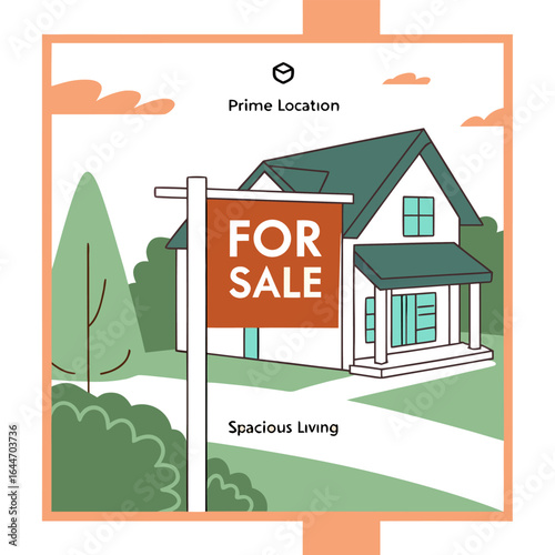 Charming house with a prominent for sale sign nestled in a serene landscape advertising spacious living in a prime location