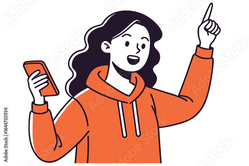 Cartoon Woman Pointing Upward While Holding Phone, Featuring an Orange Hoodie and Dark Hair