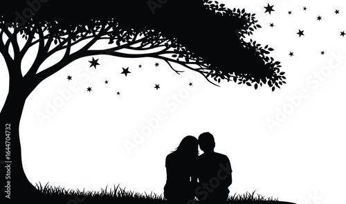 Silhouette of a couple under a tree with stars falling, symbolizes love, romance, and magic of nature in a romantic setting