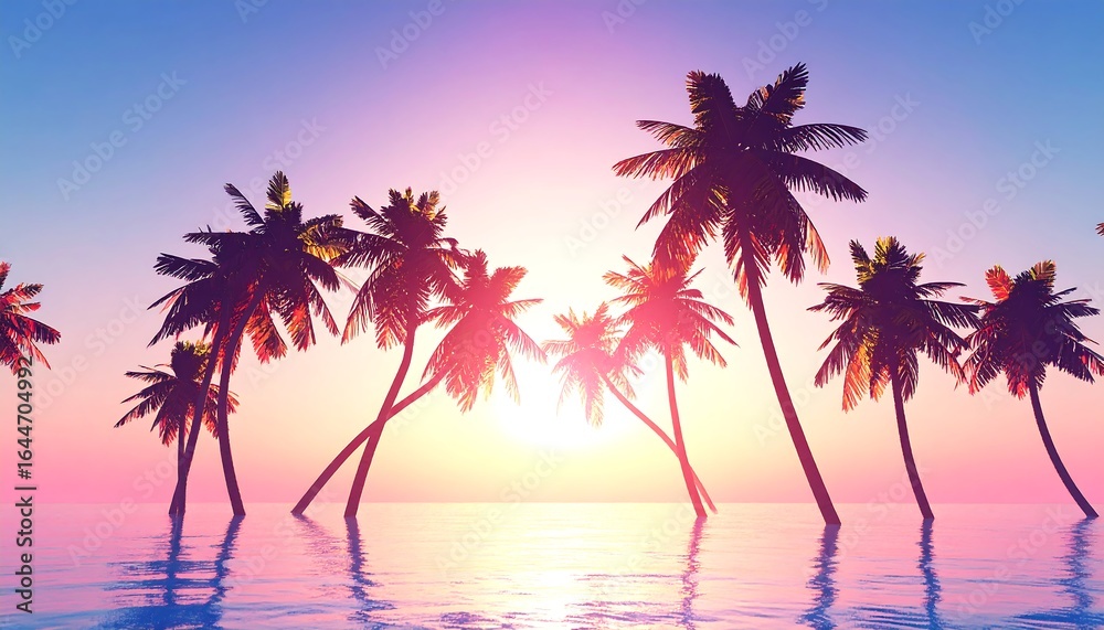Tropical paradise sunset with palm trees silhouetted against vibrant sky colors offering a serene