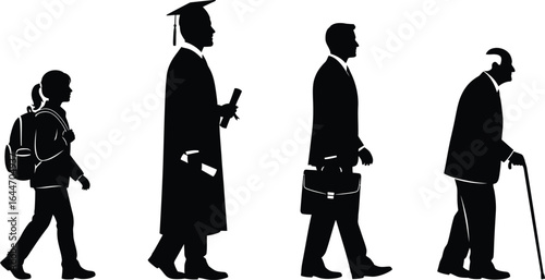 Silhouette illustration depicting stages of a mans life, from childhood to old age, showing human growth and development cycle