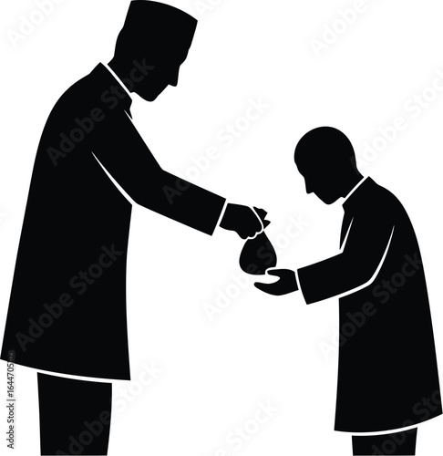 Silhouette illustration of a muslim man giving zakat, a form of charity or almsgiving in islam, to a needy person