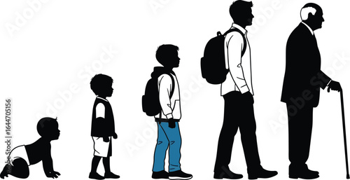 Silhouette illustration of human life cycle from baby to old man, depicting stages of development and aging process
