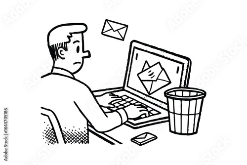 Man deleting emails from laptop with trash can and flying envelopes