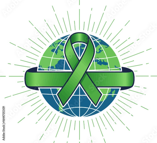 Global Earth with a Green Awareness Ribbon Encompassing Our Planet's Diverse Environments