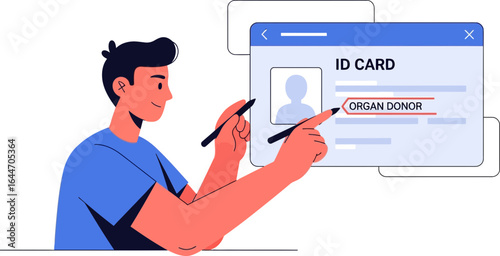 Digital identity verification process highlighting organ donor status on ID card illustration