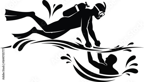 Illustration of a scuba diver rescuing a person underwater, symbolizing adventure, exploration, and importance of lifesaving skills