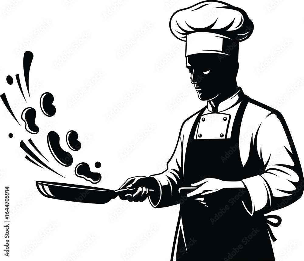 Naklejka premium Illustration of a chef cooking with a frying pan, , showcasing culinary skill, food preparation, and art of creating delicious meals in kitchen