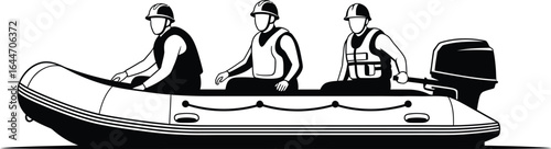 Three people riding in an inflatable boat with a motor, showcasing a recreational activity water with safety equipment
