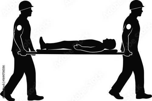 Two workers in silhouette carrying a patient a stretcher, scene depicts teamwork, emergency response, and medical assistance